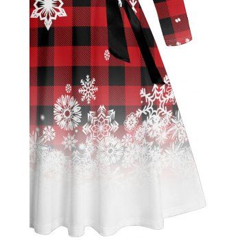 Christmas Plaid Snowflake Ombre Print Belted Dress Cross Design Long Sleeve Xmas Dress