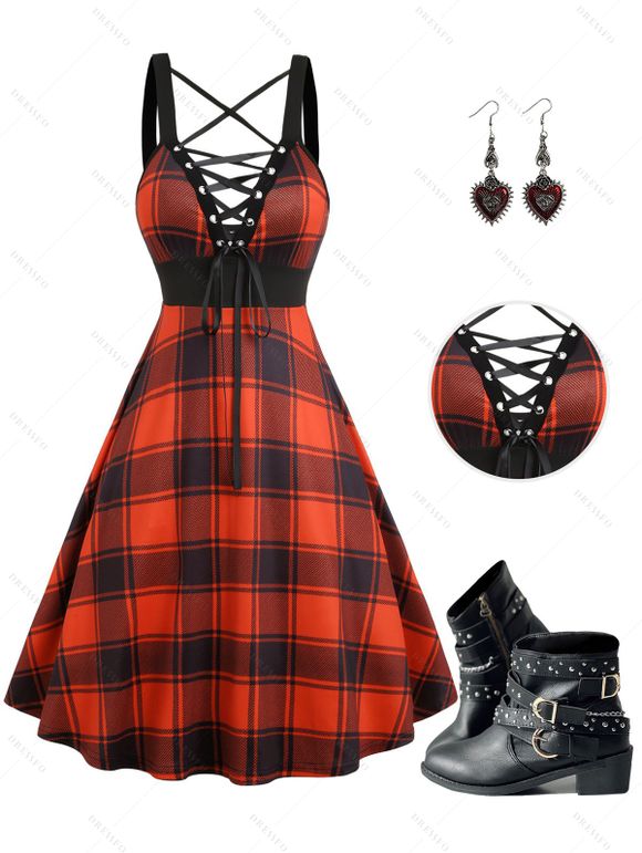 Plaid Print Lace Up Mini Dress And Rivet Zip Up Chunky Heel Punk Boots Heart Rose Rivet Drop Earrings Outfit - Orange S | US 4