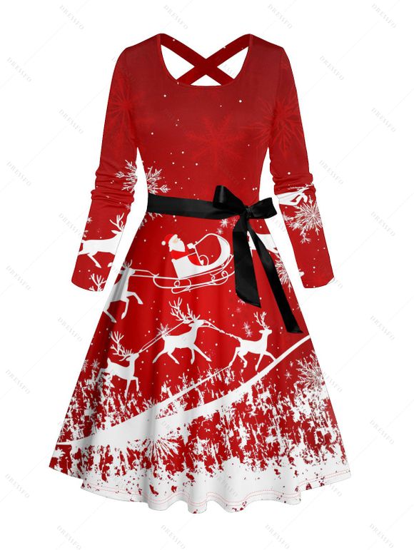 Robe Ceinturée Père Noël Croix et Flocon de Neige Imprimés à Manches Longues - Rouge XL | US 12