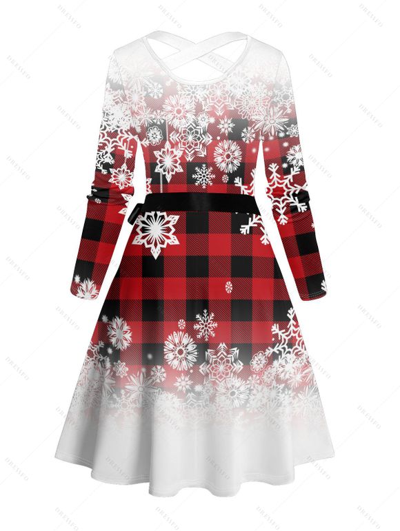 Robe de Noël Ceinturée Croisé Ombré Flocon de Neige Imprimé à Carreaux à Manches Longues - Rouge L | US 8-10