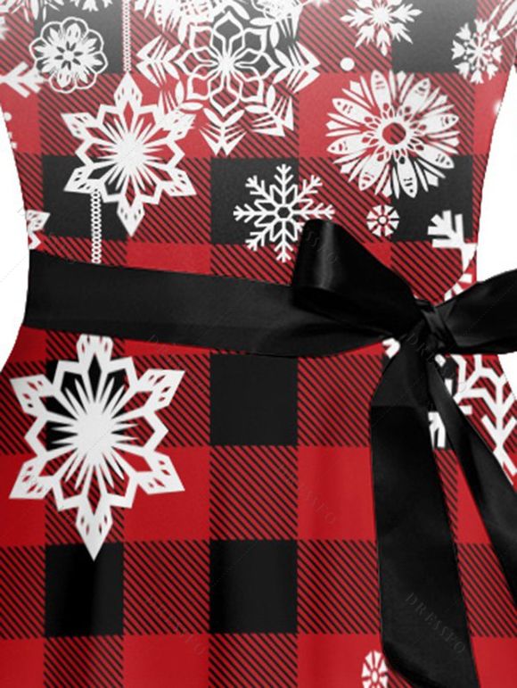 Robe de Noël Ceinturée Croisé Ombré Flocon de Neige Imprimé à Carreaux à Manches Longues - Rouge L | US 8-10