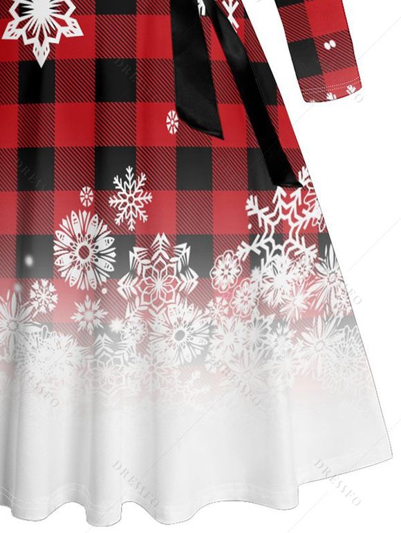 Robe de Noël Ceinturée Croisé Ombré Flocon de Neige Imprimé à Carreaux à Manches Longues - Rouge L | US 8-10