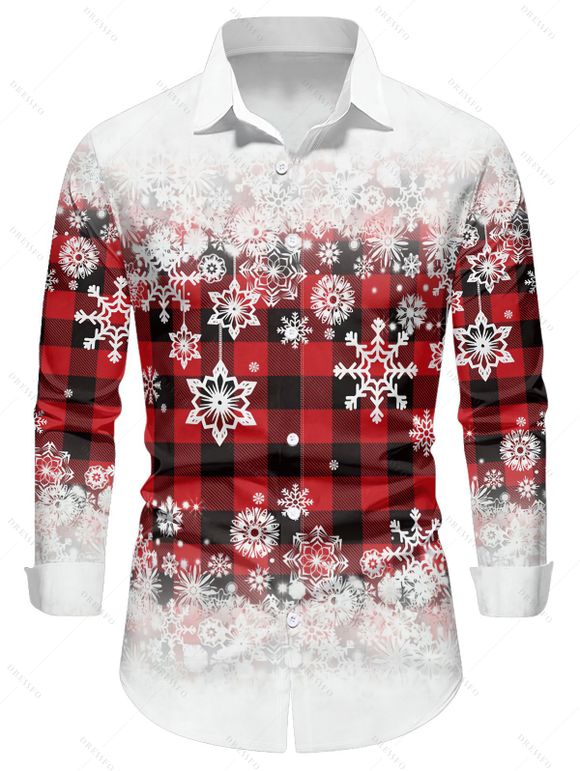 Chemise Boutonnée à Carreaux avec Manches Longues et à Imprimé Flocons de Neige de Noël - Rouge S