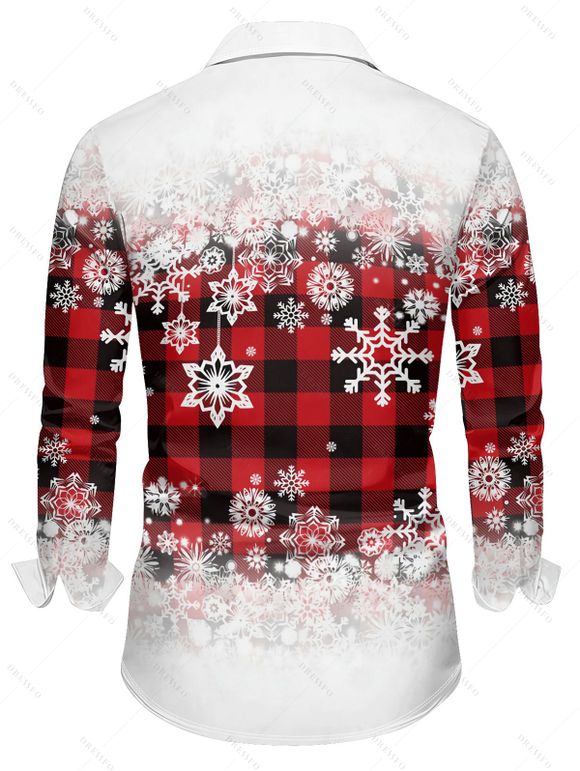 Chemise Boutonnée à Carreaux avec Manches Longues et à Imprimé Flocons de Neige de Noël - Rouge 4XL