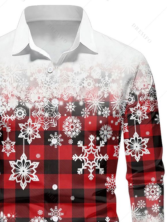 Chemise Boutonnée à Carreaux avec Manches Longues et à Imprimé Flocons de Neige de Noël - Rouge 4XL