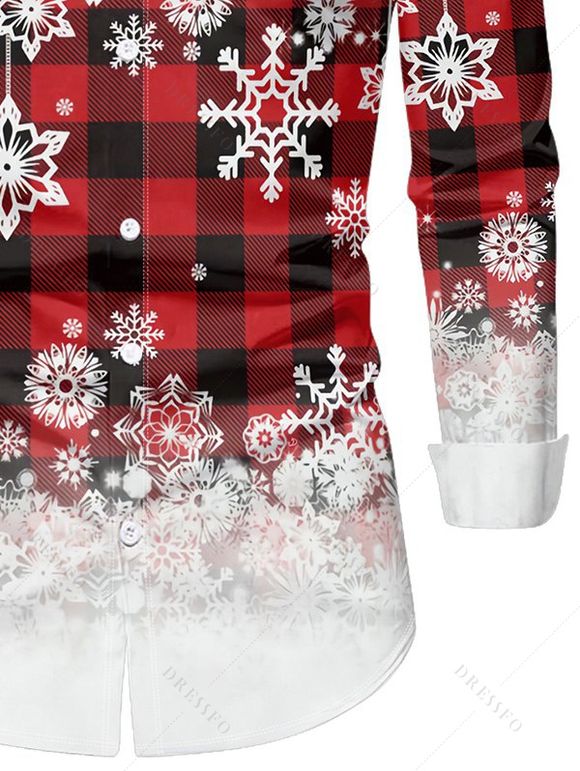 Chemise Boutonnée à Carreaux avec Manches Longues et à Imprimé Flocons de Neige de Noël - Rouge 4XL