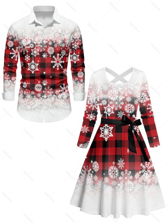 Christmas Plaid Snowflake Ombre Print Belted Long Sleeve Dress And Button Up Shirt Matching Outfit - Rouge S | US 4