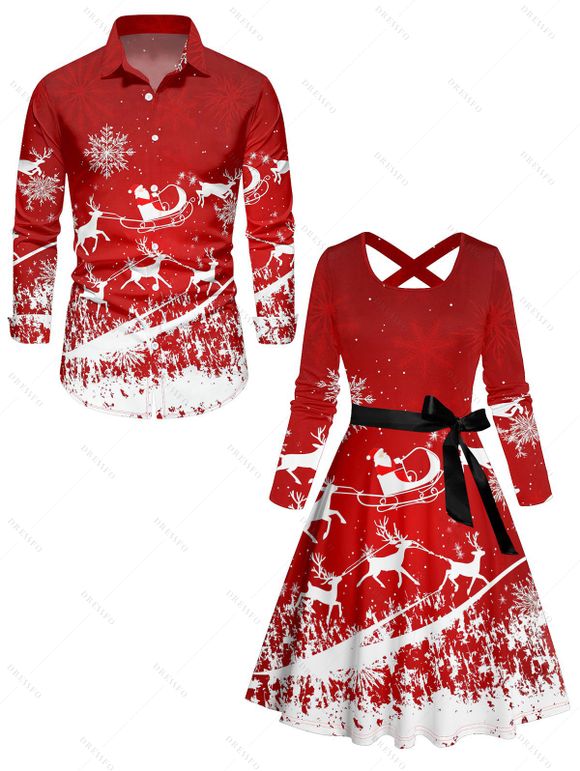 Christmas Elk Santa Claus Snowflake Print Long Sleeve Belted Dress And Button Up Shirt Matching Outfit - Rouge S | US 4