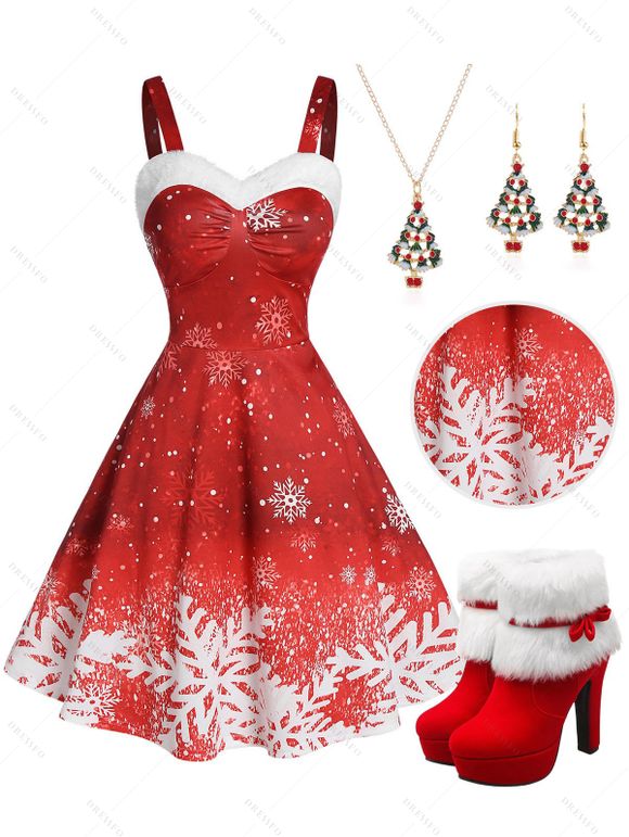 Christmas Snowflake Print Contrast Color Panel Mini Dress And Suede Warmth Faux Fur Platforms Boots Christmas Tree Necklace Earrings Outfit - Rouge S | US 4