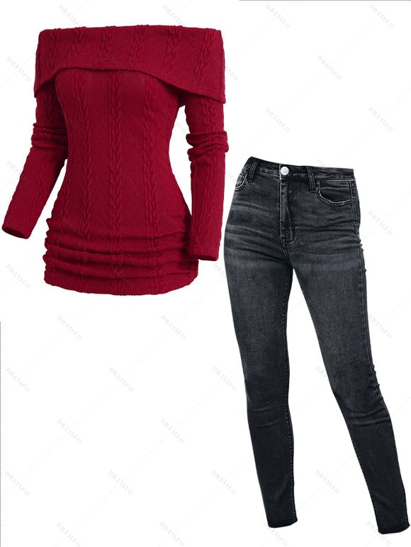 Off The Shoulder Cable Knit Foldover Sweater And Dark Wash Zip Fly Pencil Jeans Casual Outfit - Rouge foncé S | US 4