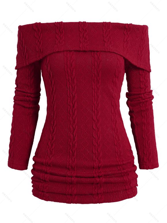Off The Shoulder Cable Knit Foldover Sweater And Dark Wash Zip Fly Pencil Jeans Casual Outfit - Rouge foncé S | US 4