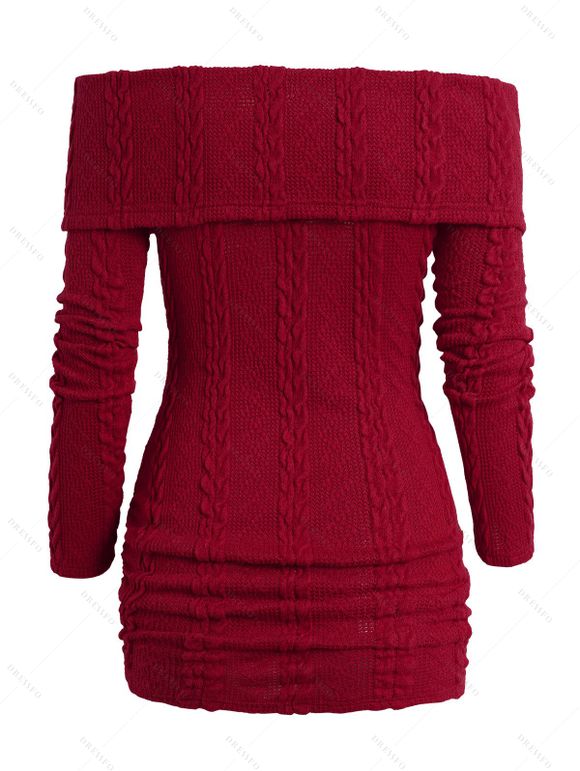 Off The Shoulder Cable Knit Foldover Sweater And Dark Wash Zip Fly Pencil Jeans Casual Outfit - Rouge foncé S | US 4