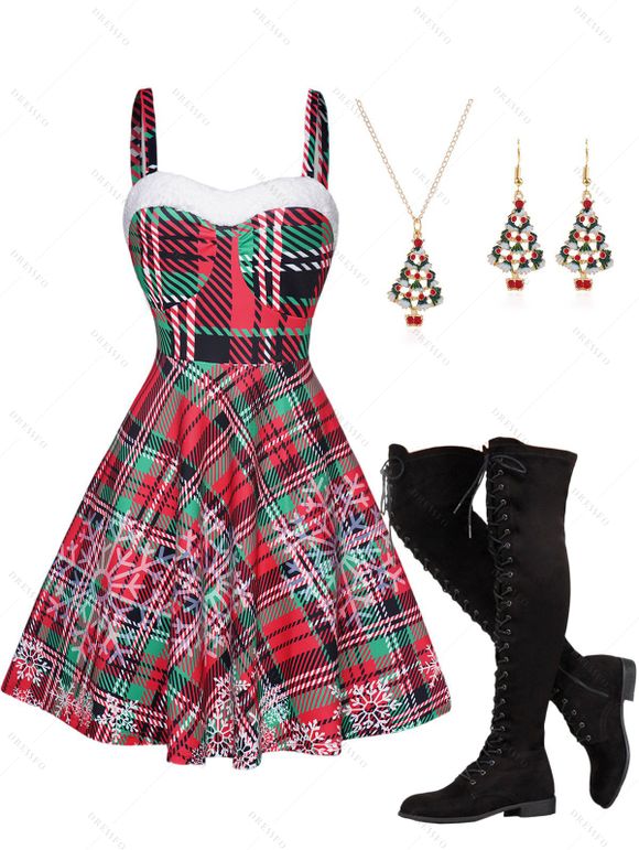 Christmas Snowflake Plaid Print Faux Fur Panel Cami Dress And Lace Up Over The Knee Boots Xmas Pendant Chain Necklace And Drop Earrings Outfit - Rouge S | US 4