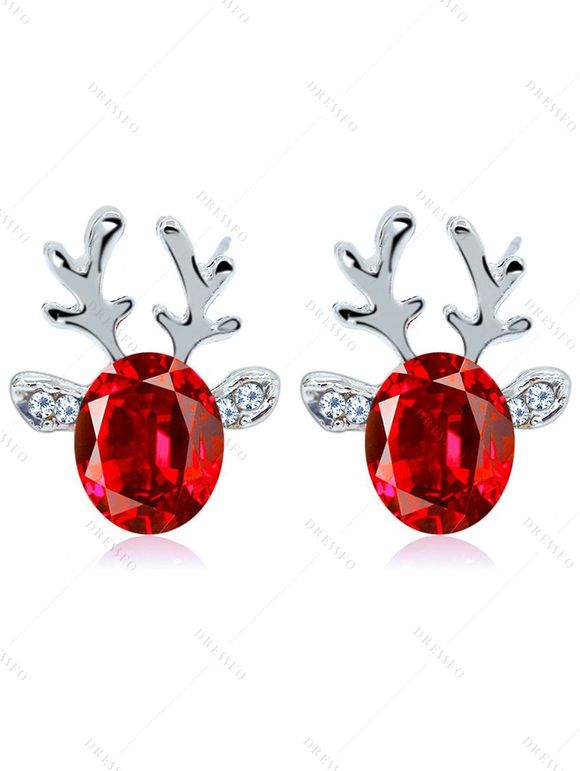 Boucles D'Oreilles Élégantes Motif Renne de Noël Clous et Pierres 3D - Rouge 