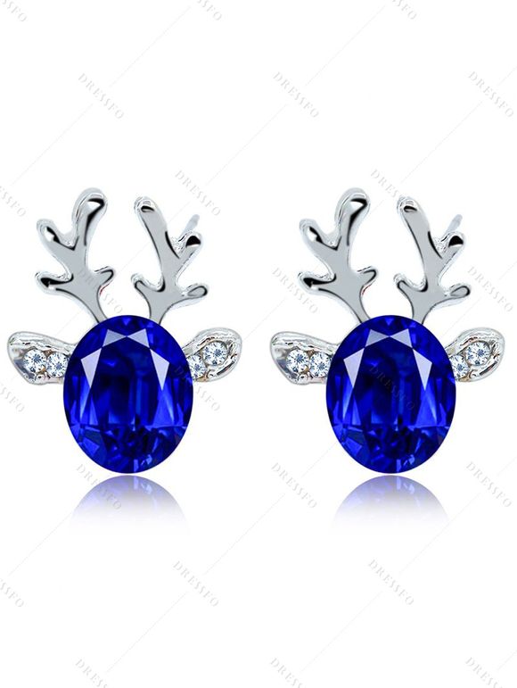 Boucles D'Oreilles Élégantes Motif Renne de Noël Clous et Pierres 3D - Bleu 