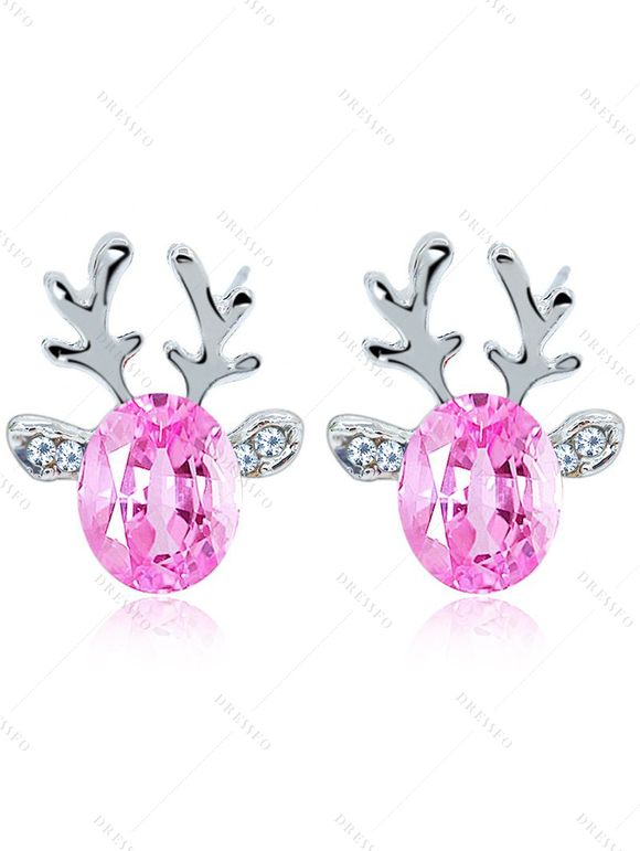 Boucles D'Oreilles Élégantes Motif Renne de Noël Clous et Pierres 3D - Rose clair 