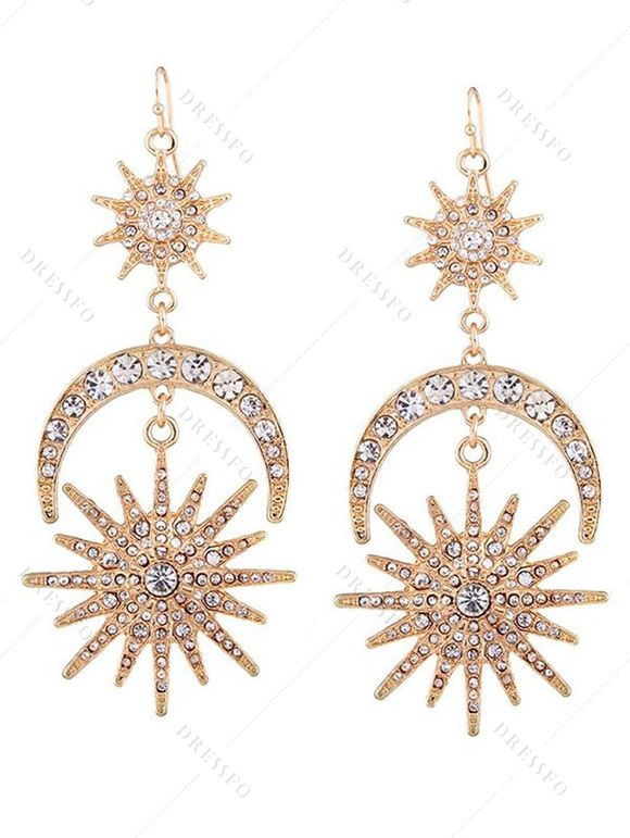 Boucles D'Oreilles Pendantes Design Lune Etoile Soleil et Strass Style Vintage - d'or 