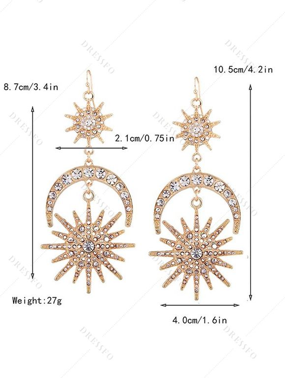 Boucles D'Oreilles Pendantes Design Lune Etoile Soleil et Strass Style Vintage - d'or 