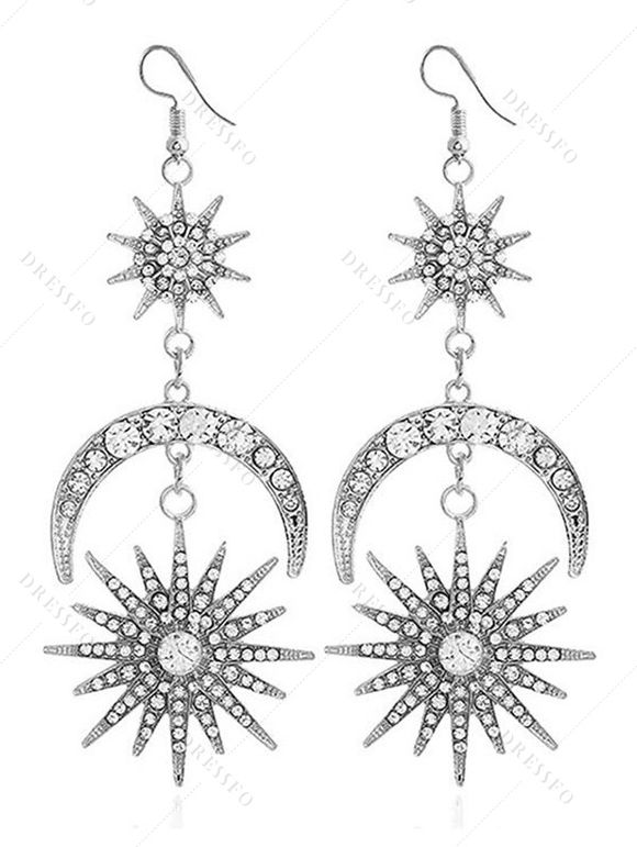 Boucles D'Oreilles Pendantes Design Lune Etoile Soleil et Strass Style Vintage - Argent 