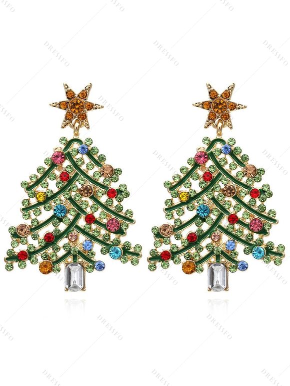 Boucles D'Oreilles Elégantes Evidées Sapin de Noël avec Strass Incrusté - Vert 