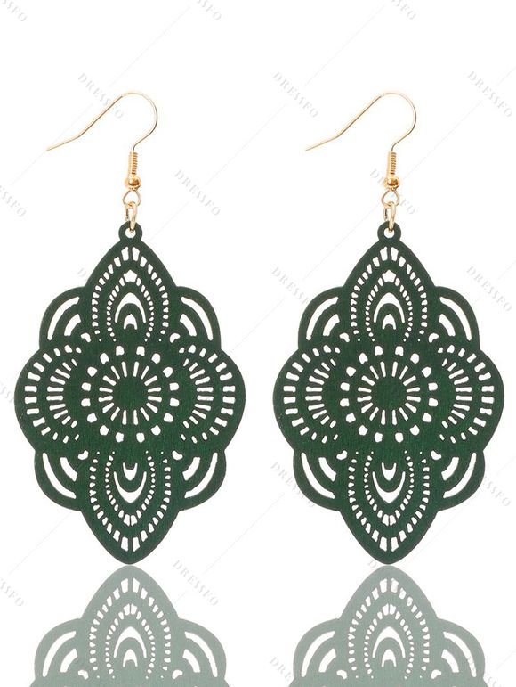 Boucles D'Oreilles Vintage Pendantes Elégantes Florales Bois Sculpté Design - Vert profond 