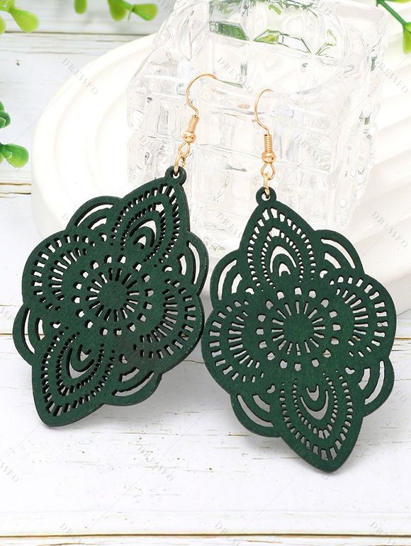 Boucles D'Oreilles Vintage Pendantes Elégantes Florales Bois Sculpté Design - Vert profond 