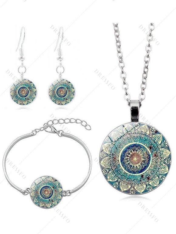 Ensemble Collier Bracelet et Boucles D'Oreilles Motif Mandala Fleurs et Pierres - Vert clair 