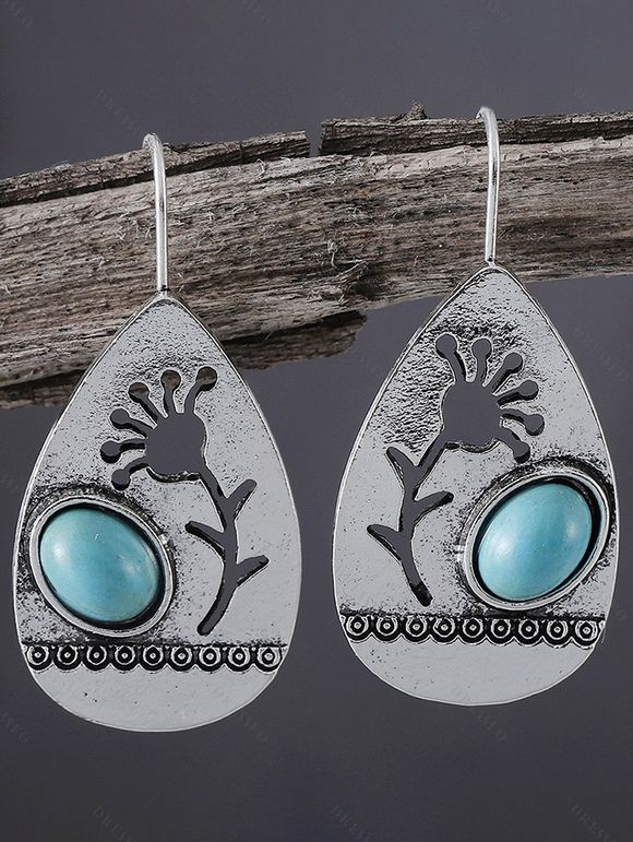 Boucles D'Oreilles Pendantes Vintage Evidées Goutte de Larme en Turquoise - Argent 