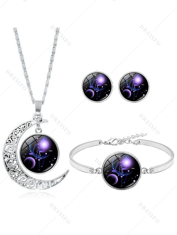 Ensemble de Collier de Boucles D'Oreilles et de Bracelet Galaxie Motif Signe du Zodiaque avec Pierre - Pourpre 