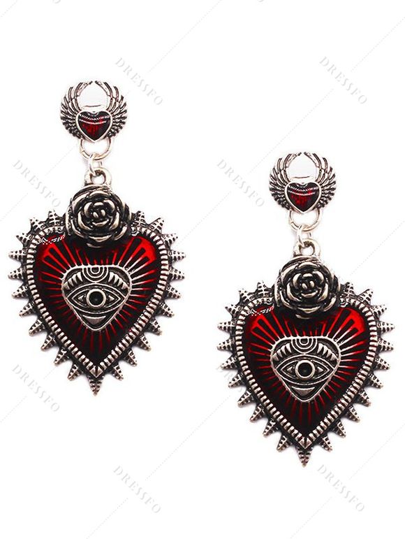 Boucles D'Oreilles Pendantes Œil de Démon Cœur Style Gothique - Rouge foncé 