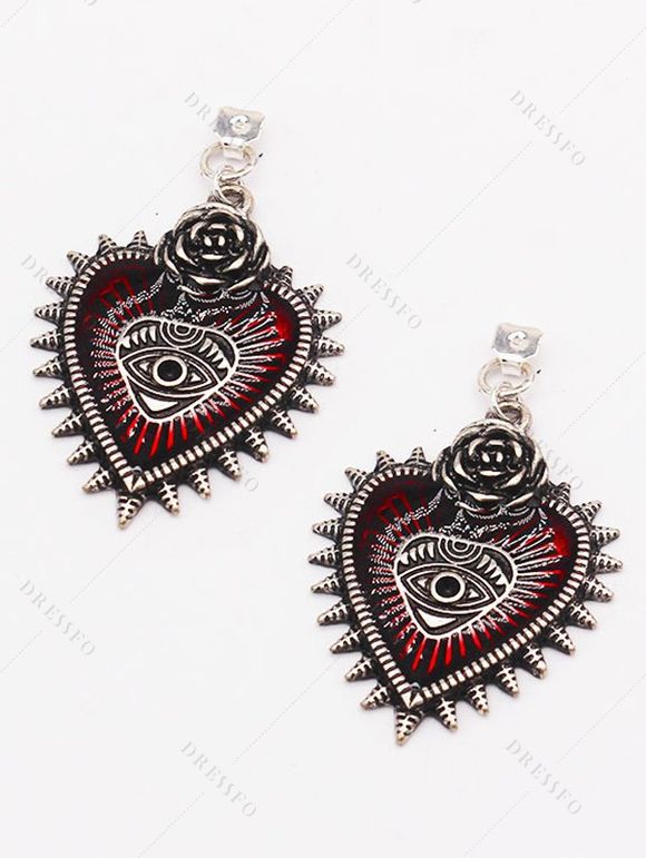 Boucles D'Oreilles Pendantes Œil de Démon Cœur Style Gothique - Rouge foncé 