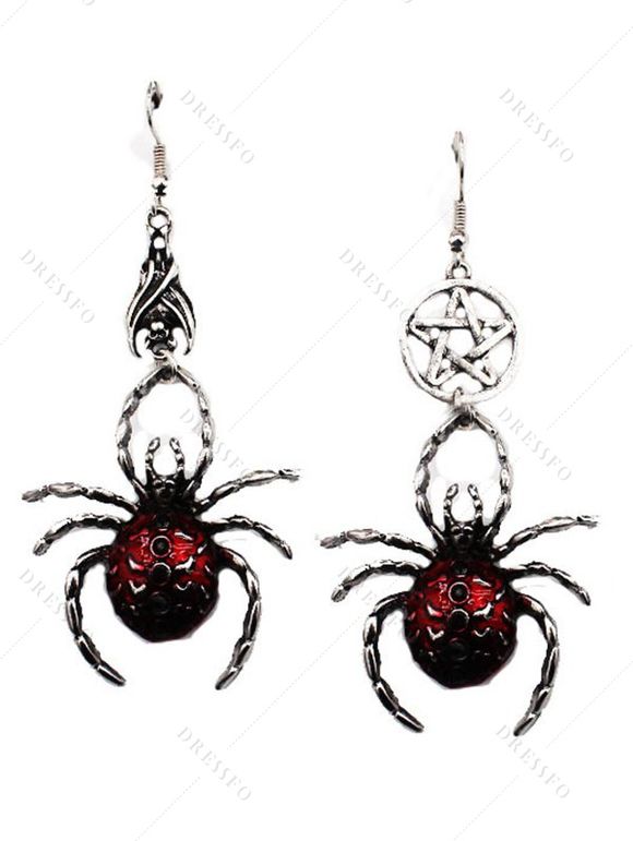 Boucles D'Oreilles D'Halloween Punk Pendantes Araignée en Email - Rouge foncé 