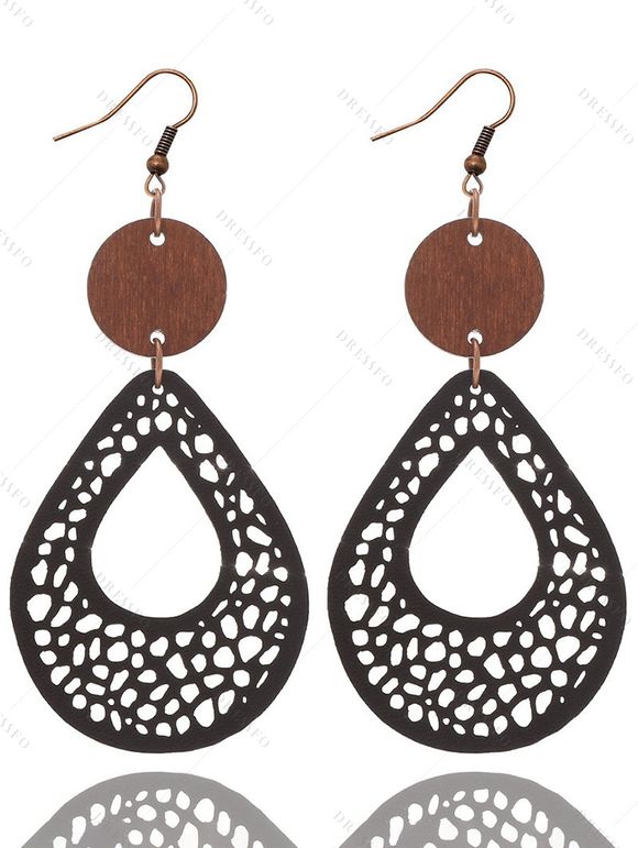 Boucles D'Oreilles Pendantes Vintages Evidées en Bois en Maille Faites à la Main - Noir 