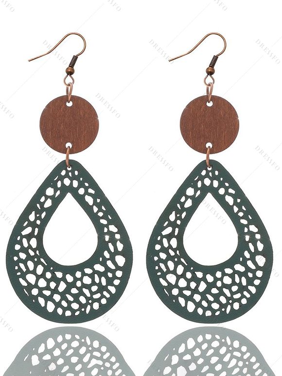 Boucles D'Oreilles Pendantes Vintages Evidées en Bois en Maille Faites à la Main - Vert profond 