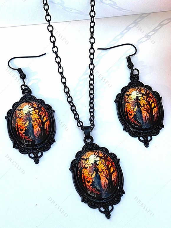 Ensemble Boucles D'Oreilles et Collier en Alliage avec Pendentif Sorcière et Arbre de Vie en Cristal pour Halloween Style Vintage - multicolor A 