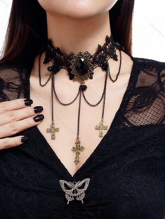 Collier en Dentelle avec Pendentif Lacets Croisés dans le Noir et Pierres Précieuses Style Gothique - Noir 