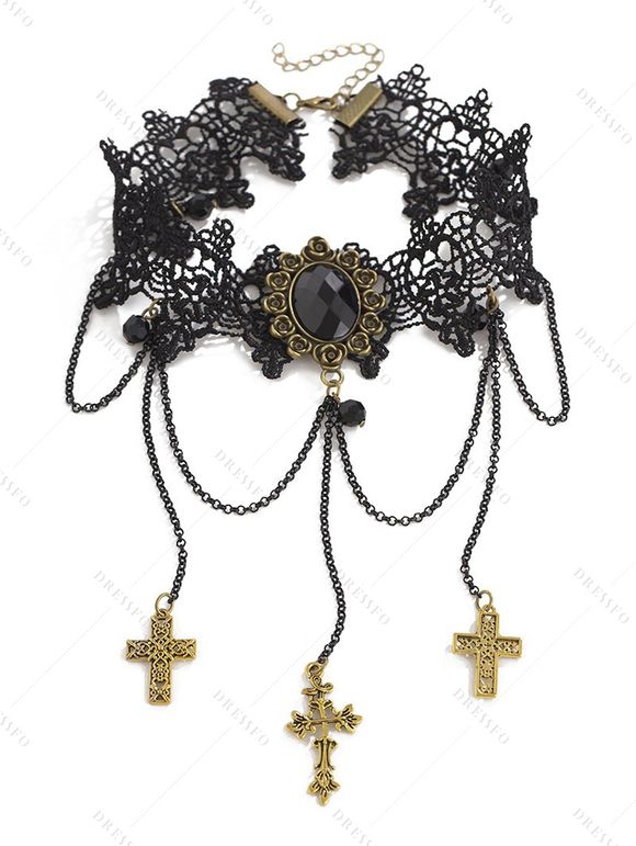 Collier en Dentelle avec Pendentif Lacets Croisés dans le Noir et Pierres Précieuses Style Gothique - Noir 