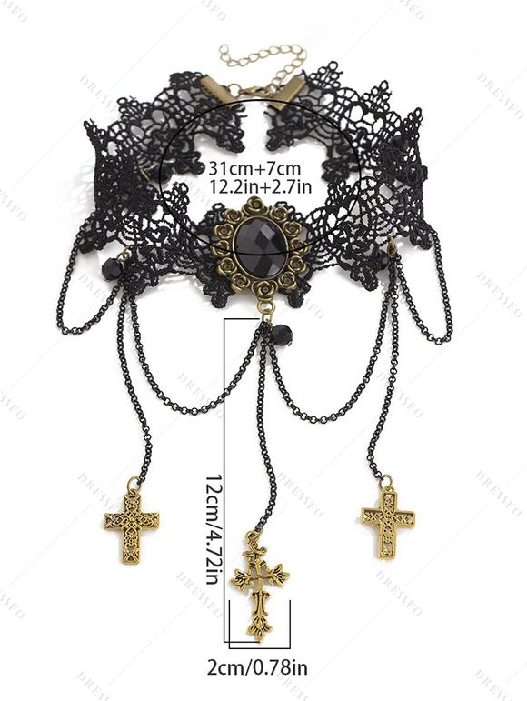Collier en Dentelle avec Pendentif Lacets Croisés dans le Noir et Pierres Précieuses Style Gothique - Noir 