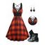 Plaid Print Lace Up Mini Dress And Rivet Zip Up Chunky Heel Punk Boots Heart Rose Rivet Drop Earrings Outfit - Orange S | US 4