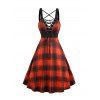 Plaid Print Lace Up Mini Dress And Rivet Zip Up Chunky Heel Punk Boots Heart Rose Rivet Drop Earrings Outfit - Orange S | US 4