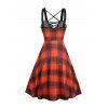 Plaid Print Lace Up Mini Dress And Rivet Zip Up Chunky Heel Punk Boots Heart Rose Rivet Drop Earrings Outfit - Orange S | US 4