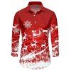 Chemise Boutonnée Père Noël Cerf et Flocon de Neige Imprimés à Manches Longues - Rouge 2XL