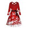 Christmas Elk Santa Claus Snowflake Print Long Sleeve Belted Dress And Button Up Shirt Matching Outfit - Rouge S | US 4