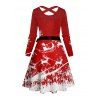 Christmas Elk Santa Claus Snowflake Print Long Sleeve Belted Dress And Button Up Shirt Matching Outfit - Rouge S | US 4