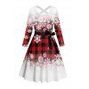 Christmas Plaid Snowflake Ombre Print Belted Long Sleeve Dress And Button Up Shirt Matching Outfit - Rouge S | US 4