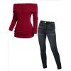 Off The Shoulder Cable Knit Foldover Sweater And Dark Wash Zip Fly Pencil Jeans Casual Outfit - Rouge foncé S | US 4