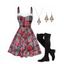 Christmas Snowflake Plaid Print Faux Fur Panel Cami Dress And Lace Up Over The Knee Boots Xmas Pendant Chain Necklace And Drop Earrings Outfit - Rouge S | US 4