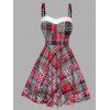 Christmas Snowflake Plaid Print Faux Fur Panel Cami Dress And Lace Up Over The Knee Boots Xmas Pendant Chain Necklace And Drop Earrings Outfit - Rouge S | US 4