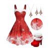 Christmas Snowflake Print Contrast Color Panel Mini Dress And Suede Warmth Faux Fur Platforms Boots Christmas Tree Necklace Earrings Outfit - Rouge S | US 4