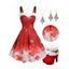 Christmas Snowflake Print Contrast Color Panel Mini Dress And Suede Warmth Faux Fur Platforms Boots Christmas Tree Necklace Earrings Outfit - Rouge S | US 4